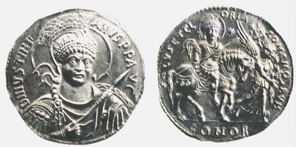 Moneta raffigurante Giustiniano in abiti militari