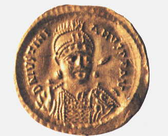 Moneta raffigurante Giustiniano in abiti militari
